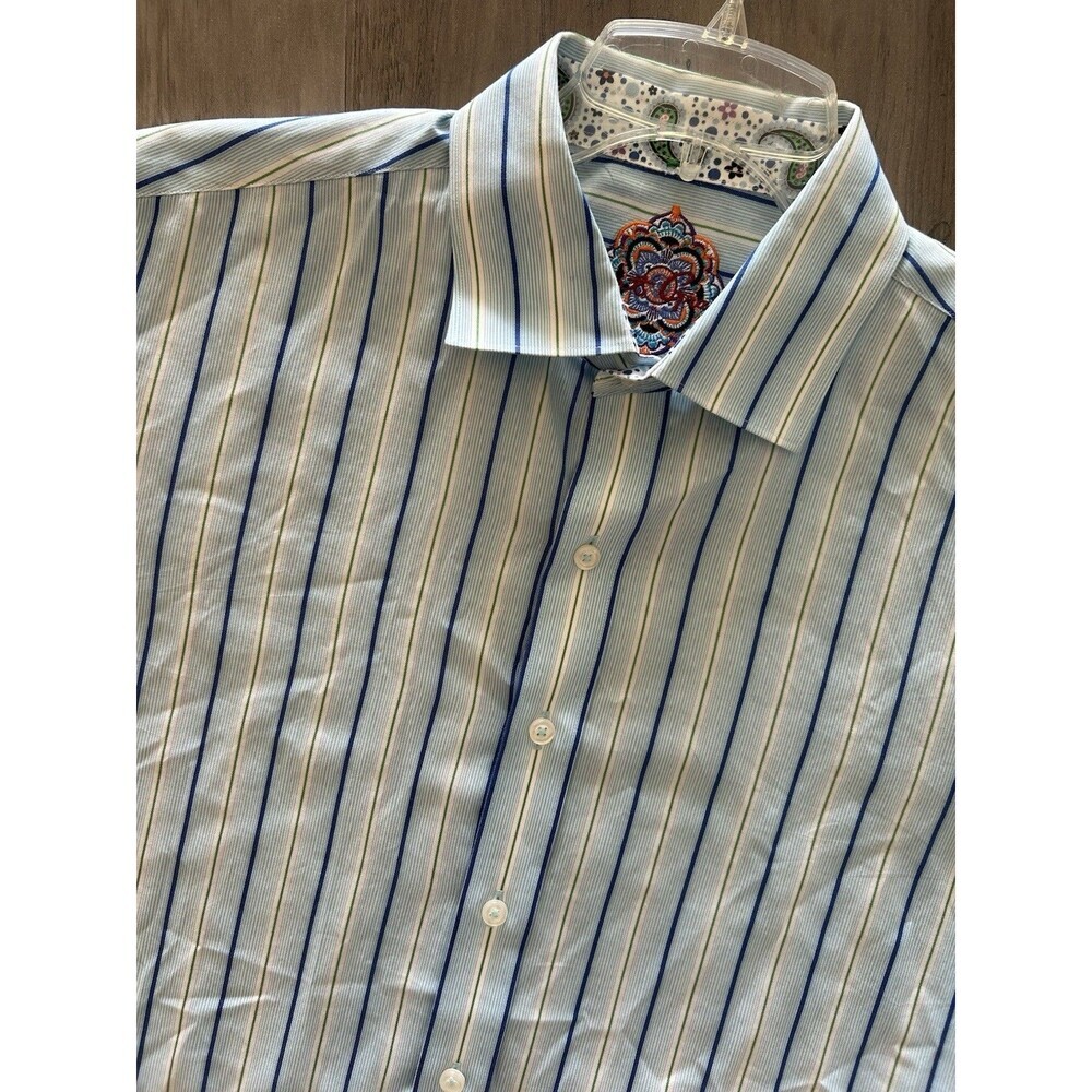 ROBERT GRAHAM Men's M Paisley Flip Cuff Blue Stripe Button Down Classic Fit